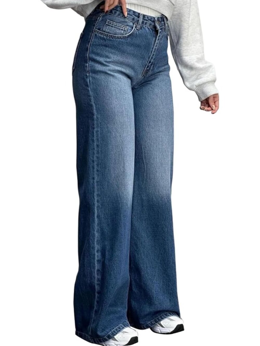 〽️Women Washed Blue High Waist Straight Leg Baggy Boyfriend Denim Jeans Stretch